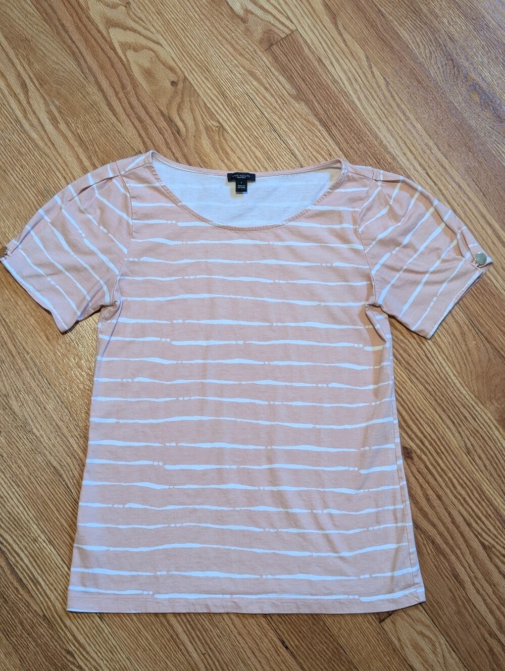 Ann Taylor Factory Peach Striped Gold Button Cuff Tee - Size S
